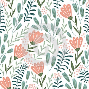 Seamless floral design with hand-drawn wild flowers. Repeated pattern vector illustration. photo